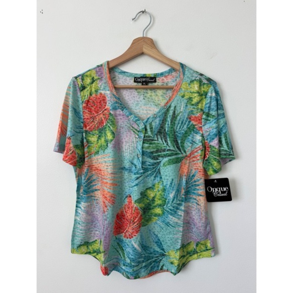 Onque Casual Tropical Floral Short Sleeve Top – Light Blue Women's Petite Large - Picture 1 of 5